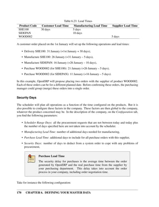 170 CHAPTER 6. DEFINING YOUR MASTER DATA
Table 6.23: Lead Times
Product Code Customer Lead Time Manufacturing Lead Time Supplier Lead Time
SHE100 30 days 5 days
SIDEPAN 10 days
WOOD002 5 days
A customer order placed on the 1st January will set up the following operations and lead times:
• Delivery SHE100: 31 January (=1st January + 30 days),
• Manufacture SHE100: 26 January (=31 January – 5 days),
• Manufacture SIDEPAN: 16 January (=26 January – 10 days),
• Purchase WOOD002 (for SHE100): 21 January (=26 January – 5 days),
• Purchase WOOD002 (for SIDEPAN): 11 January (=16 January – 5 days).
In this example, OpenERP will propose placing two orders with the supplier of product WOOD002.
Each of these orders can be for a different planned date. Before conﬁrming these orders, the purchasing
manager could group (merge) these orders into a single order.
Security Days
The scheduler will plan all operations as a function of the time conﬁgured on the products. But it is
also possible to conﬁgure these factors in the company. These factors are then global to the company,
whatever the product concerned may be. In the description of the company, on the Conﬁguration tab,
you ﬁnd the following parameters:
• Scheduler Range Days: all the procurement requests that are not between today and today plus
the number of days speciﬁed here are not taken into account by the scheduler.
• Manufacturing Lead Time: number of additional days needed for manufacturing,
• Purchase Lead Time: additional days to include for all purchase orders with this supplier,
• Security Days: number of days to deduct from a system order to cope with any problems of
procurement,
Purchase Lead Time
The security delay for purchases is the average time between the order
generated by OpenERP and the real purchase time from the supplier by
your purchasing department. This delay takes into account the order
process in your company, including order negotiation time.
Take for instance the following conﬁguration:
 