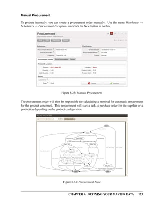 CHAPTER 6. DEFINING YOUR MASTER DATA 173
Manual Procurement
To procure internally, you can create a procurement order manually. Use the menu Warehouse →
Schedulers → Procurement Exceptions and click the New button to do this.
Figure 6.33: Manual Procurement
The procurement order will then be responsible for calculating a proposal for automatic procurement
for the product concerned. This procurement will start a task, a purchase order for the supplier or a
production depending on the product conﬁguration.
Figure 6.34: Procurement Flow
 