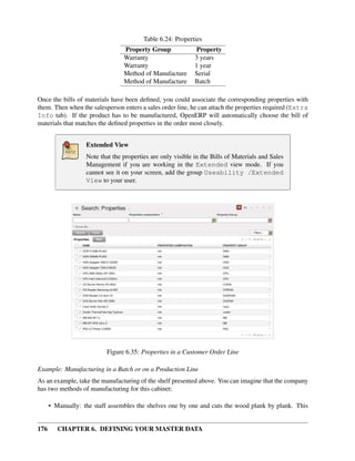 176 CHAPTER 6. DEFINING YOUR MASTER DATA
Table 6.24: Properties
Property Group Property
Warranty 3 years
Warranty 1 year
Method of Manufacture Serial
Method of Manufacture Batch
Once the bills of materials have been deﬁned, you could associate the corresponding properties with
them. Then when the salesperson enters a sales order line, he can attach the properties required (Extra
Info tab). If the product has to be manufactured, OpenERP will automatically choose the bill of
materials that matches the deﬁned properties in the order most closely.
Extended View
Note that the properties are only visible in the Bills of Materials and Sales
Management if you are working in the Extended view mode. If you
cannot see it on your screen, add the group Useability /Extended
View to your user.
Figure 6.35: Properties in a Customer Order Line
Example: Manufacturing in a Batch or on a Production Line
As an example, take the manufacturing of the shelf presented above. You can imagine that the company
has two methods of manufacturing for this cabinet:
• Manually: the staff assembles the shelves one by one and cuts the wood plank by plank. This
 