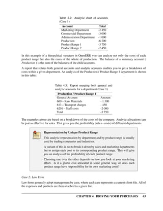 CHAPTER 4. DRIVING YOUR PURCHASES 63
Table 4.2: Analytic chart of accounts
(Case 1)
Account Total
Marketing Department -2 450
Commercial Department -3 000
Administration Department -1 000
Production -6 200
Product Range 1 -3 750
Product Range 2 -2 450
In this example of a hierarchical structure in OpenERP, you can analyze not only the costs of each
product range but also the costs of the whole of production. The balance of a summary account (
Production ) is the sum of the balances of the child accounts.
A report that relates both general accounts and analytic accounts enables you to get a breakdown of
costs within a given department. An analysis of the Production / Product Range 1 department is shown
in this table:
Table 4.3: Report merging both general and
analytic accounts for a department (Case 1)
Production / Product Range 1
General Account Amount
600 – Raw Materials - 1 300
613 – Transport charges - 450
6201 – Staff costs -2 000
Total -3 750
The examples above are based on a breakdown of the costs of the company. Analytic allocations can
be just as effective for sales. That gives you the proﬁtability (sales - costs) of different departments.
Representation by Unique Product Range
This analytic representation by department and by product range is usually
used by trading companies and industries.
A variant of this is not to break it down by sales and marketing departments
but to assign each cost to its corresponding product range. This will give
you an analysis of the proﬁtability of each product range.
Choosing one over the other depends on how you look at your marketing
effort. Is it a global cost allocated in some general way, or does each
product range have responsibility for its own marketing costs?
Case 2: Law Firm
Law ﬁrms generally adopt management by case, where each case represents a current client ﬁle. All of
the expenses and products are then attached to a given ﬁle.
 