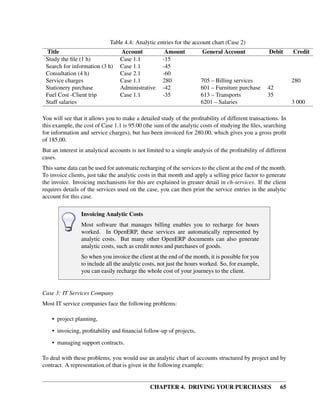 CHAPTER 4. DRIVING YOUR PURCHASES 65
Table 4.4: Analytic entries for the account chart (Case 2)
Title Account Amount General Account Debit Credit
Study the ﬁle (1 h) Case 1.1 -15
Search for information (3 h) Case 1.1 -45
Consultation (4 h) Case 2.1 -60
Service charges Case 1.1 280 705 – Billing services 280
Stationery purchase Administrative -42 601 – Furniture purchase 42
Fuel Cost -Client trip Case 1.1 -35 613 – Transports 35
Staff salaries 6201 – Salaries 3 000
You will see that it allows you to make a detailed study of the proﬁtability of different transactions. In
this example, the cost of Case 1.1 is 95.00 (the sum of the analytic costs of studying the ﬁles, searching
for information and service charges), but has been invoiced for 280.00, which gives you a gross proﬁt
of 185.00.
But an interest in analytical accounts is not limited to a simple analysis of the proﬁtability of different
cases.
This same data can be used for automatic recharging of the services to the client at the end of the month.
To invoice clients, just take the analytic costs in that month and apply a selling price factor to generate
the invoice. Invoicing mechanisms for this are explained in greater detail in ch-services. If the client
requires details of the services used on the case, you can then print the service entries in the analytic
account for this case.
Invoicing Analytic Costs
Most software that manages billing enables you to recharge for hours
worked. In OpenERP, these services are automatically represented by
analytic costs. But many other OpenERP documents can also generate
analytic costs, such as credit notes and purchases of goods.
So when you invoice the client at the end of the month, it is possible for you
to include all the analytic costs, not just the hours worked. So, for example,
you can easily recharge the whole cost of your journeys to the client.
Case 3: IT Services Company
Most IT service companies face the following problems:
• project planning,
• invoicing, proﬁtability and ﬁnancial follow-up of projects,
• managing support contracts.
To deal with these problems, you would use an analytic chart of accounts structured by project and by
contract. A representation of that is given in the following example:
 