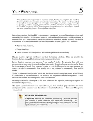 71
Your Warehouse 5
OpenERP’s stock management is at once very simple, ﬂexible and complete. It is based on
the concept of double entry that revolutionized accounting. The system can be described
by Lavoisier’s maxim “nothing lost, everything changed” or, better, “everything moved”.
In OpenERP you do not talk of disappearance, consumption or loss of products: instead
you speak only of stock moves from one place to another.
Just as in accounting, the OpenERP system manages counterparts to each of its main operations such
as receipts from suppliers, deliveries to customers, proﬁt and loss from inventory, and consumption of
raw materials. Stock movements are always made from one location to another. To satisfy the need for
a counterpart to each stock movement, the software supports different types of stock locations:
• Physical stock locations,
• Partner locations,
• Virtual locations as counterparts for procurement, production and inventory.
Physical locations represent warehouses and their hierarchical structure. These are generally the
locations that are managed by traditional stock management systems.
Partner locations represent your customers’ and suppliers’ stocks. To reconcile them with your
accounts, these stores play the role of third-party accounts. Reception from a supplier can be shown
by the movement of goods from a partner location to a physical location in your own company. As
you see, supplier locations usually show negative stocks and customer locations usually show positive
stocks.
Virtual locations as counterparts for production are used in manufacturing operations. Manufacturing
is characterized by the consumption of raw materials and the production of ﬁnished products. Virtual
locations are used for the counterparts of these two operations.
Inventory locations are counterparts of the stock operations that represent your company’s proﬁt and
loss in terms of your stocks.
The ﬁgure Location Structure when OpenERP has just been installed (page 72) shows the initial
conﬁguration of the locations when the software is installed (Warehouse → Warehouse Management
→ Locations).
Hierarchical Stock Locations
In OpenERP, locations are structured hierarchically. You can structure
your locations as a tree, dependent on a parent-child relationship. This
gives you more detailed levels of analysis of your stock operations and the
organization of your warehouses.
 