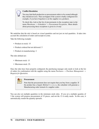 78 CHAPTER 5. YOUR WAREHOUSE
Conﬂict Resolution
You may ﬁnd draft production or procurement orders to be created although
they should not exist. That can happen if the system is badly conﬁgured (for
example, if you have forgotten to set the supplier on a product).
To check this, look at the list of procurements in the exception state in the
menu Warehouse → Schedulers → Procurement Exceptions. More details
about processing these exceptions is given in ch-mnf.
We underline that the rule is based on virtual quantities and not just on real quantities. It takes into
account the calculation of orders and receipts to come.
Take the following example:
• Products in stock: 15
• Products ordered but not delivered: 5
• Products in manufacturing: 2
The rules deﬁned are:
• Minimum stock: 13
• Maximum stock: 25.
Once the rules have been properly conﬁgured, the purchasing manager only needs to look at the list
of orders for conﬁrmation with the supplier using the menu Purchases → Purchase Management →
Requests for Quotation.
Procurement
Note that the procurement does not require that you buy from a supplier. If
the product has a Supply Method Produce, the scheduler will generate a
Manufacturing order instead of a supplier order.
You can also set multiple quantities in the minimum stock rules. If you set a multiple quantity of
3 the system will propose procurement of 15 pieces, and not the 13 it really needs. In this case, it
automatically rounds the quantity upwards.
 