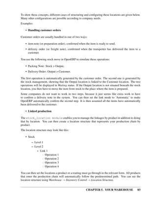 CHAPTER 5. YOUR WAREHOUSE 83
To show these concepts, different cases of structuring and conﬁguring these locations are given below.
Many other conﬁgurations are possible according to company needs.
Examples:
• Handling customer orders
Customer orders are usually handled in one of two ways:
• item note (or preparation order), conﬁrmed when the item is ready to send,
• delivery order (or freight note), conﬁrmed when the transporter has delivered the item to a
customer.
You use the following stock move in OpenERP to simulate these operations:
• Packing Note: Stock > Output,
• Delivery Order: Output > Customer.
The ﬁrst operation is automatically generated by the customer order. The second one is generated by
the stock management, showing that the Output location is linked to the Customer location. The two
operations will be displayed in Waiting status. If the Output location is not situated beneath the stock
location, you then have to move the item from stock to the place where the item is prepared.
Some companies do not want to work in two steps, because it just seems like extra work to have
to conﬁrm a delivery note in the system. You can then set the link mode to ‘Automatic’ to make
OpenERP automatically conﬁrm the second step. It is then assumed all the items have automatically
been delivered to the customer.
• Linked production
The stock_location module enables you to manage the linkages by product in addition to doing
that by location. You can then create a location structure that represents your production chain by
product.
The location structure may look like this:
• Stock
– Level 1
– Level 2
* Link 1
· Operation 1
· Operation 2
· Operation 3
· Operation 4
You can then set the locations a product or a routing must go through in the relevant form. All products
that enter the production chain will automatically follow the predetermined path. You can see the
location structure using Warehouse → Inventory Control → Location Structure.
 