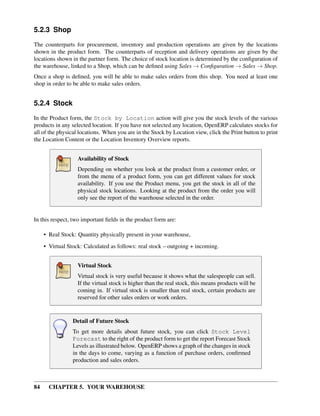 84 CHAPTER 5. YOUR WAREHOUSE
5.2.3 Shop
The counterparts for procurement, inventory and production operations are given by the locations
shown in the product form. The counterparts of reception and delivery operations are given by the
locations shown in the partner form. The choice of stock location is determined by the conﬁguration of
the warehouse, linked to a Shop, which can be deﬁned using Sales → Conﬁguration → Sales → Shop.
Once a shop is deﬁned, you will be able to make sales orders from this shop. You need at least one
shop in order to be able to make sales orders.
5.2.4 Stock
In the Product form, the Stock by Location action will give you the stock levels of the various
products in any selected location. If you have not selected any location, OpenERP calculates stocks for
all of the physical locations. When you are in the Stock by Location view, click the Print button to print
the Location Content or the Location Inventory Overview reports.
Availability of Stock
Depending on whether you look at the product from a customer order, or
from the menu of a product form, you can get different values for stock
availability. If you use the Product menu, you get the stock in all of the
physical stock locations. Looking at the product from the order you will
only see the report of the warehouse selected in the order.
In this respect, two important ﬁelds in the product form are:
• Real Stock: Quantity physically present in your warehouse,
• Virtual Stock: Calculated as follows: real stock – outgoing + incoming.
Virtual Stock
Virtual stock is very useful because it shows what the salespeople can sell.
If the virtual stock is higher than the real stock, this means products will be
coming in. If virtual stock is smaller than real stock, certain products are
reserved for other sales orders or work orders.
Detail of Future Stock
To get more details about future stock, you can click Stock Level
Forecast to the right of the product form to get the report Forecast Stock
Levels as illustrated below. OpenERP shows a graph of the changes in stock
in the days to come, varying as a function of purchase orders, conﬁrmed
production and sales orders.
 