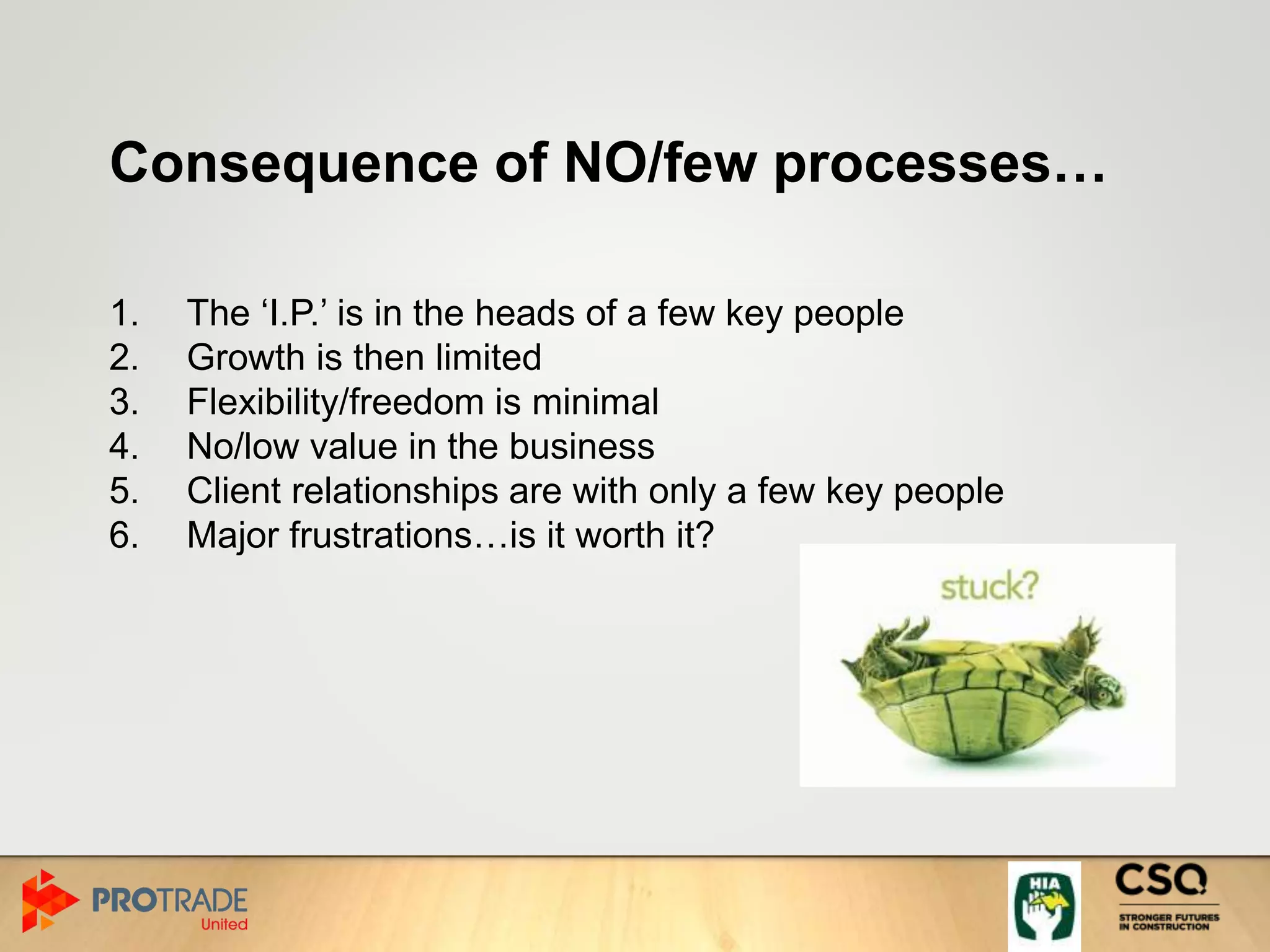 Consequence of NO/few processes…
1. The ‘I.P.’ is in the heads of a few key people
2. Growth is then limited
3. Flexibility/freedom is minimal
4. No/low value in the business
5. Client relationships are with only a few key people
6. Major frustrations…is it worth it?
 