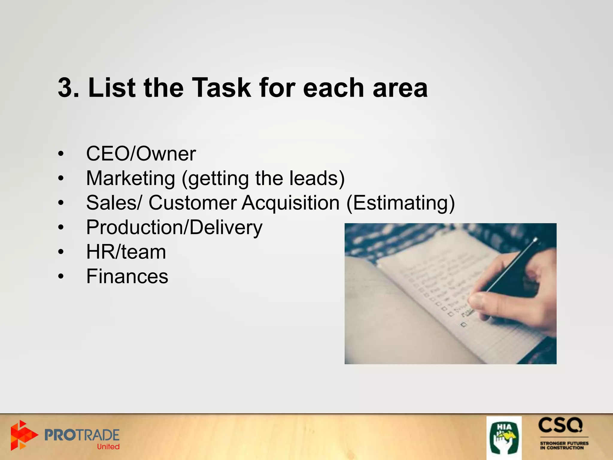 3. List the Task for each area
• CEO/Owner
• Marketing (getting the leads)
• Sales/ Customer Acquisition (Estimating)
• Production/Delivery
• HR/team
• Finances
 