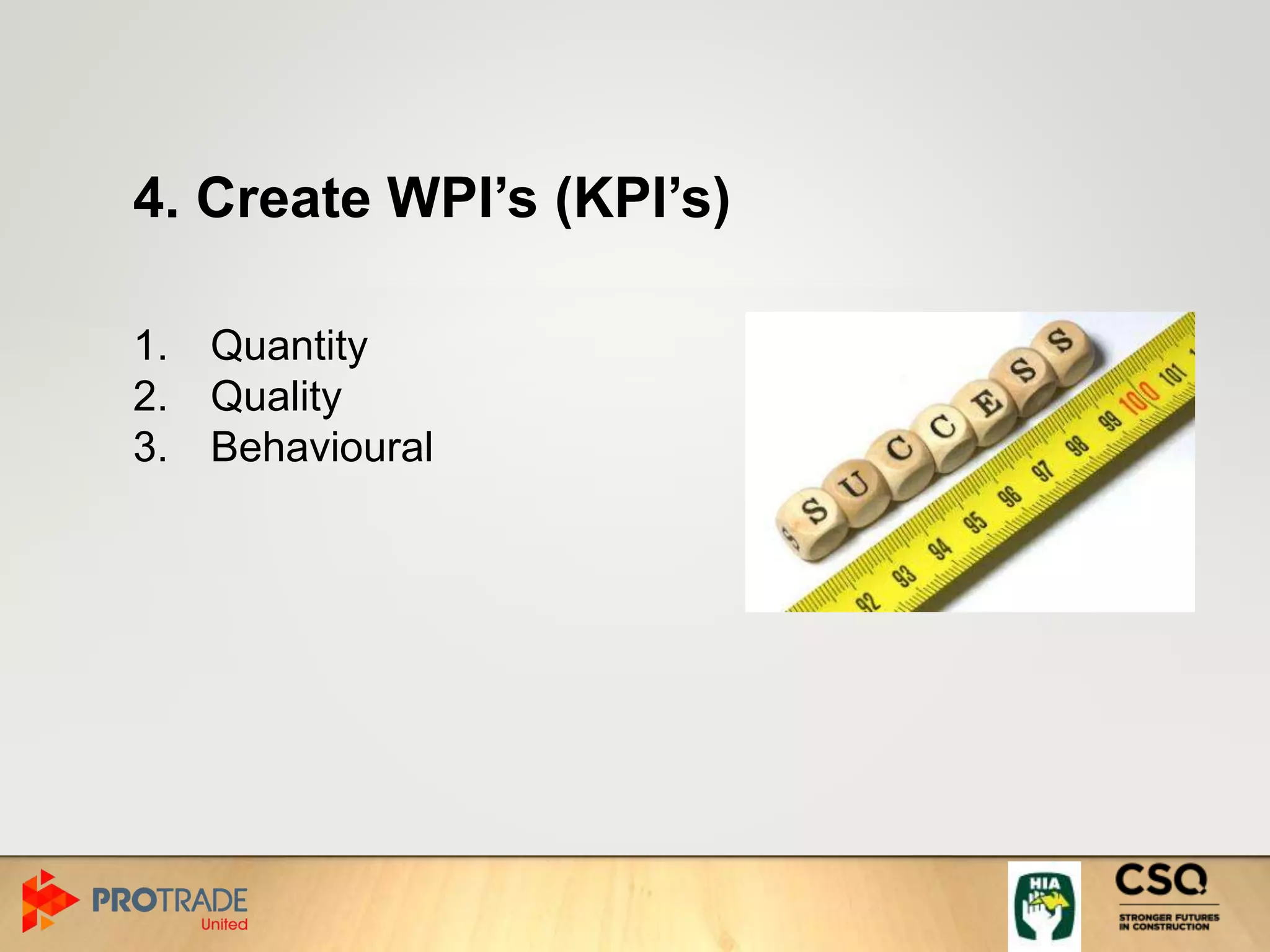 4. Create WPI’s (KPI’s)
1. Quantity
2. Quality
3. Behavioural
 