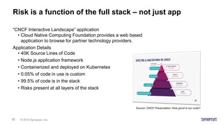 © 2019 Synopsys, Inc.18
Risk is a function of the full stack – not just app
“CNCF Interactive Landscape” application
• Cloud Native Computing Foundation provides a web based
application to browse for partner technology providers.
Application Details
• 40K Source Lines of Code
• Node.js application framework
• Containerized and deployed on Kubernetes
• 0.05% of code in use is custom
• 99.5% of code is in the stack
• Risks present at all layers of the stack
Source: CNCF Presentation: How good is our code?
 