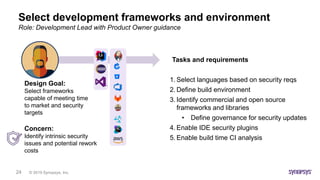 © 2019 Synopsys, Inc.24
Select development frameworks and environment
Role: Development Lead with Product Owner guidance
Design Goal:
Select frameworks
capable of meeting time
to market and security
targets
Tasks and requirements
1. Select languages based on security reqs
2. Define build environment
3. Identify commercial and open source
frameworks and libraries
• Define governance for security updates
4. Enable IDE security plugins
5. Enable build time CI analysis
Concern:
Identify intrinsic security
issues and potential rework
costs
 