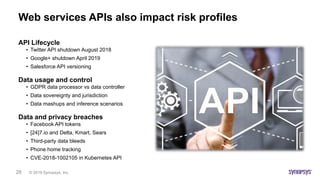 © 2019 Synopsys, Inc.28
Web services APIs also impact risk profiles
API Lifecycle
• Twitter API shutdown August 2018
• Google+ shutdown April 2019
• Salesforce API versioning
Data usage and control
• GDPR data processor vs data controller
• Data sovereignty and jurisdiction
• Data mashups and inference scenarios
Data and privacy breaches
• Facebook API tokens
• [24]7.io and Delta, Kmart, Sears
• Third-party data bleeds
• Phone home tracking
• CVE-2018-1002105 in Kubernetes API
 