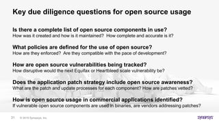 © 2019 Synopsys, Inc.31
Key due diligence questions for open source usage
Is there a complete list of open source components in use?
How was it created and how is it maintained? How complete and accurate is it?
What policies are defined for the use of open source?
How are they enforced? Are they compatible with the pace of development?
How are open source vulnerabilities being tracked?
How disruptive would the next Equifax or Heartbleed scale vulnerability be?
Does the application patch strategy include open source awareness?
What are the patch and update processes for each component? How are patches vetted?
How is open source usage in commercial applications identified?
If vulnerable open source components are used in binaries, are vendors addressing patches?
 