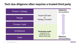 © 2019 Synopsys, Inc.4
Tech due diligence often requires a trusted third party
Product / strategy
People
Process / tools
Architecture
Code
Acquirer DD team
or
Strategy consultant
Third-party audit:
Acquirers do not
typically get access
without a third party
Subjective
and qualitative
Objective
and quantitative
 