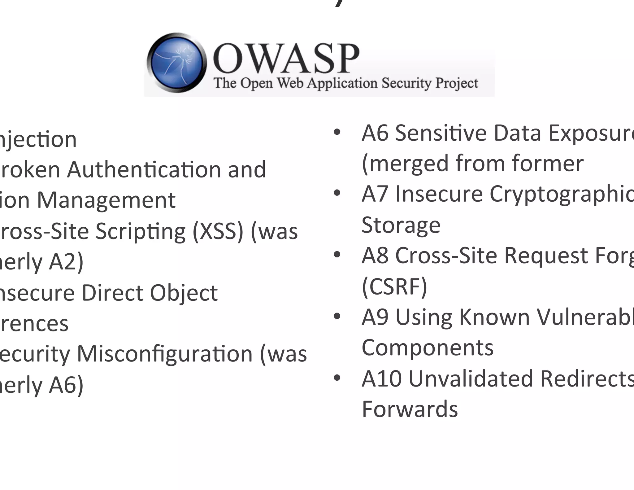 njec0on	
                                       •  A6	
  Sensi0ve	
  Data	
  Exposure
Broken	
  Authen0ca0on	
  and	
                    (merged	
  from	
  former	
  	
  
 ion	
  Management	
  	
                        •  A7	
  Insecure	
  Cryptographic
Cross-­‐Site	
  Scrip0ng	
  (XSS)	
  (was	
        Storage	
  
merly	
  A2)	
                                  •  A8	
  Cross-­‐Site	
  Request	
  Forg
nsecure	
  Direct	
  Object	
                      (CSRF)	
  
erences	
                                       •  A9	
  Using	
  Known	
  Vulnerabl
 ecurity	
  Misconﬁgura0on	
  (was	
               Components	
  
merly	
  A6)	
                                  •  A10	
  Unvalidated	
  Redirects
                                                   Forwards	
  
                                                                          	

 