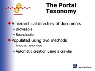 The Portal Taxonomy <ul><li>A hierarchical directory of documents </li></ul><ul><ul><li>Browsable </li></ul></ul><ul><ul><...