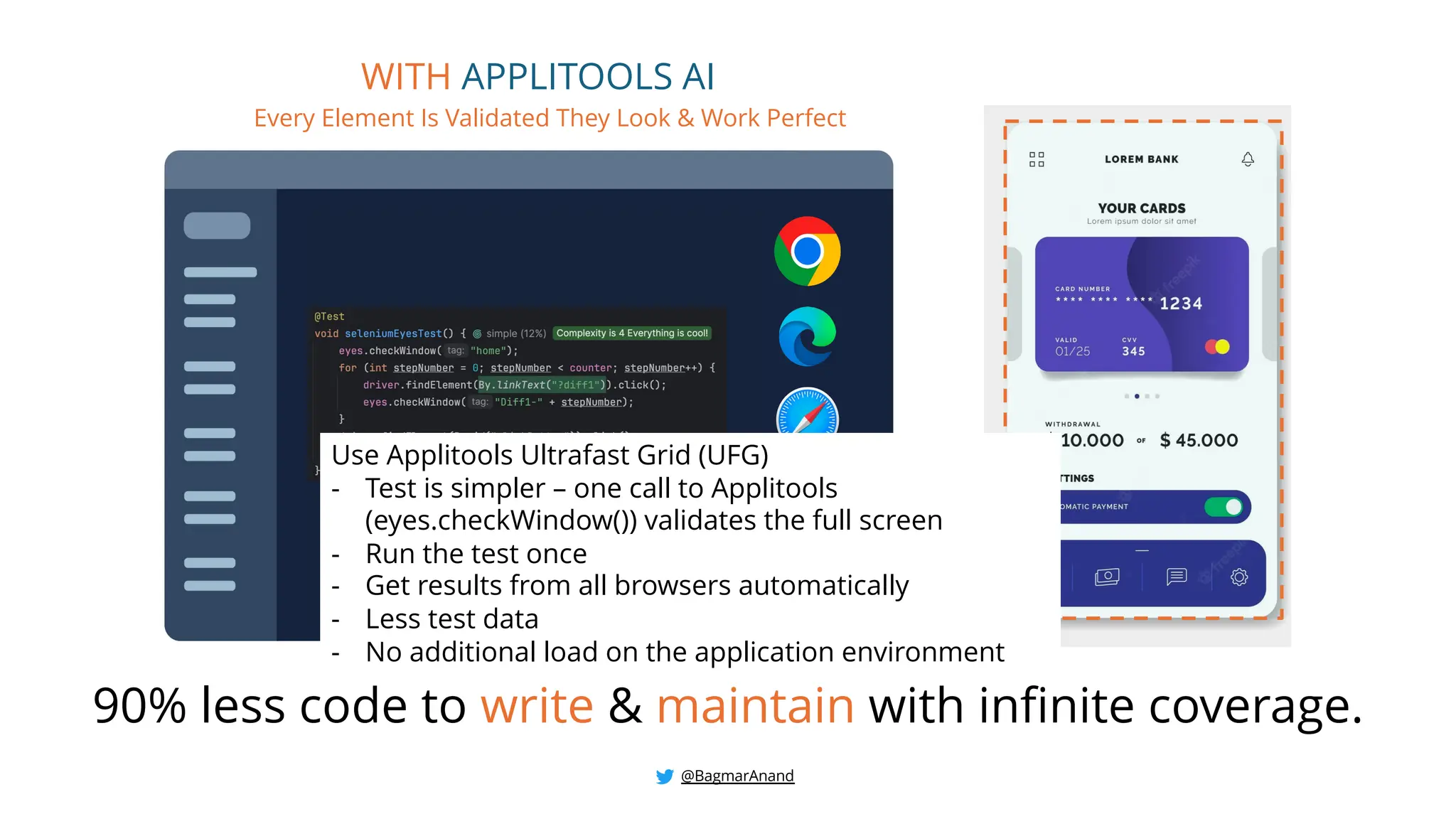 90% less code to write & maintain with infinite coverage.
WITH APPLITOOLS AI
Every Element Is Validated They Look & Work Perfect
Use Applitools Ultrafast Grid (UFG)
- Test is simpler – one call to Applitools
(eyes.checkWindow()) validates the full screen
- Run the test once
- Get results from all browsers automatically
- Less test data
- No additional load on the application environment
@BagmarAnand
 