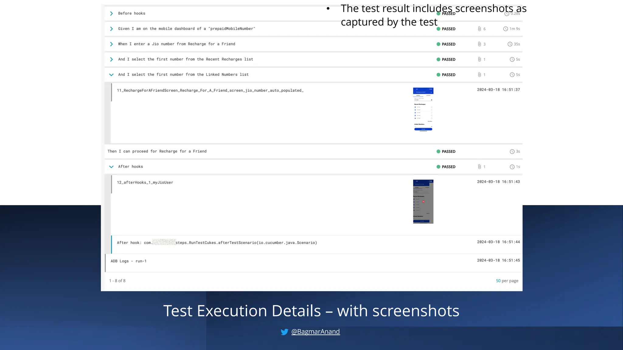 Test Execution Details – with screenshots
• The test result includes screenshots as
captured by the test
@BagmarAnand
 