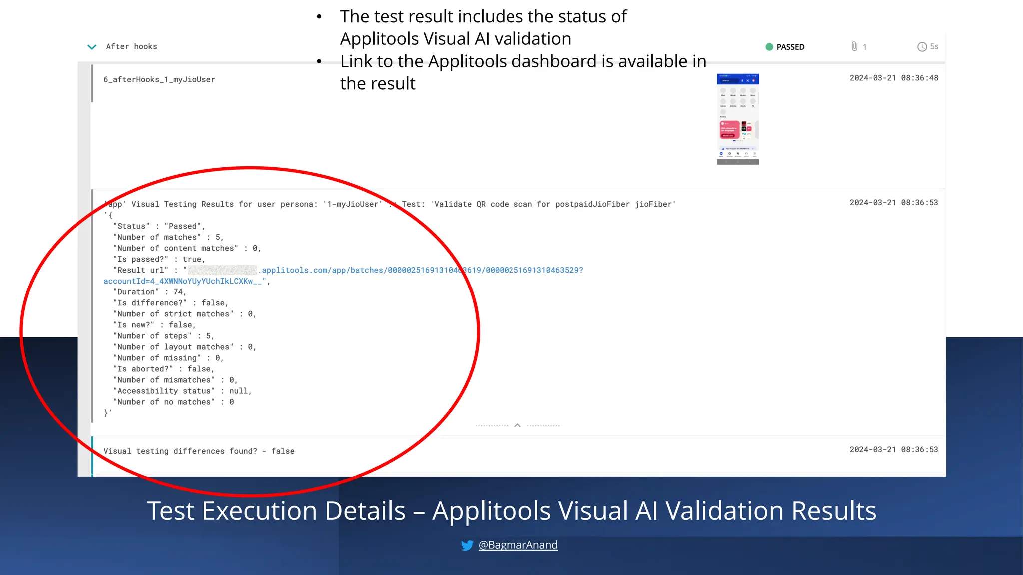 Test Execution Details – Applitools Visual AI Validation Results
• The test result includes the status of
Applitools Visual AI validation
• Link to the Applitools dashboard is available in
the result
@BagmarAnand
 