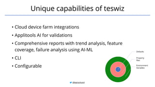 • Cloud device farm integrations
• Applitools AI for validations
• Comprehensive reports with trend analysis, feature
coverage, failure analysis using AI-ML
• CLI
• Configurable
Unique capabilities of teswiz
Defaults
Property
files
Environment
Variables
@BagmarAnand
 