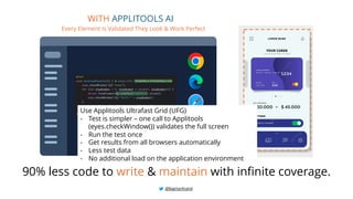 90% less code to write & maintain with infinite coverage.
WITH APPLITOOLS AI
Every Element Is Validated They Look & Work Perfect
Use Applitools Ultrafast Grid (UFG)
- Test is simpler – one call to Applitools
(eyes.checkWindow()) validates the full screen
- Run the test once
- Get results from all browsers automatically
- Less test data
- No additional load on the application environment
@BagmarAnand
 