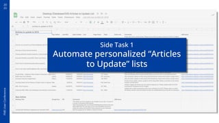 20
22
FME
User
Conference
Side Task 1
Automate personalized “Articles
to Update” lists
 