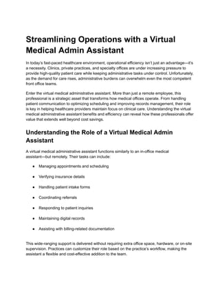 Streamlining Operations with a Virtual Medical Admin Assistant | PDF