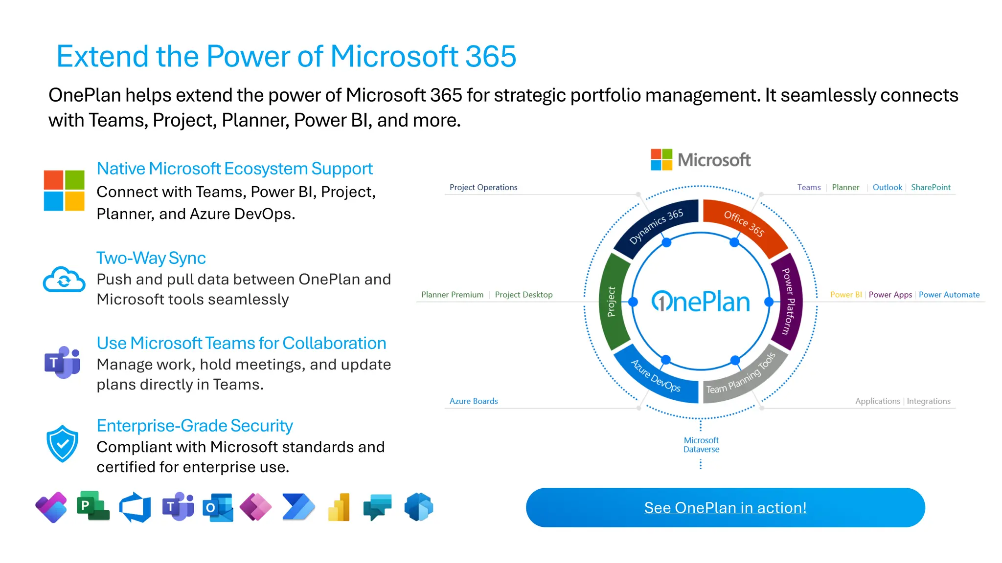 OnePlan helps extend the power of Microsoft 365 for strategic portfolio management. It seamlessly connects
with Teams, Project, Planner, Power BI, and more.
NativeMicrosoftEcosystemSupport
Connect with Teams, Power BI, Project,
Planner, and Azure DevOps.
Two-WaySync
Push and pull data between OnePlan and
Microsoft tools seamlessly
UseMicrosoftTeamsforCollaboration
Manage work, hold meetings, and update
plans directly in Teams.
Enterprise-GradeSecurity
Compliant with Microsoft standards and
certified for enterprise use.
See OnePlan in action!
Extend the Power of Microsoft 365
 