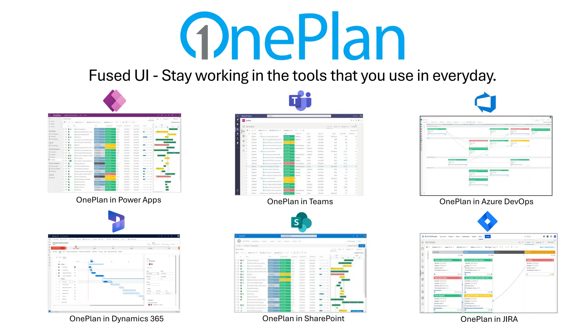 OnePlan in Azure DevOps
OnePlan in Teams
OnePlan in Power Apps
OnePlan in Dynamics 365
Built For The Microsoft Cloud
With a Fused User Experience
OnePlan in SharePoint OnePlan in JIRA
Fused UI - Stay working in the tools that you use in everyday.
 