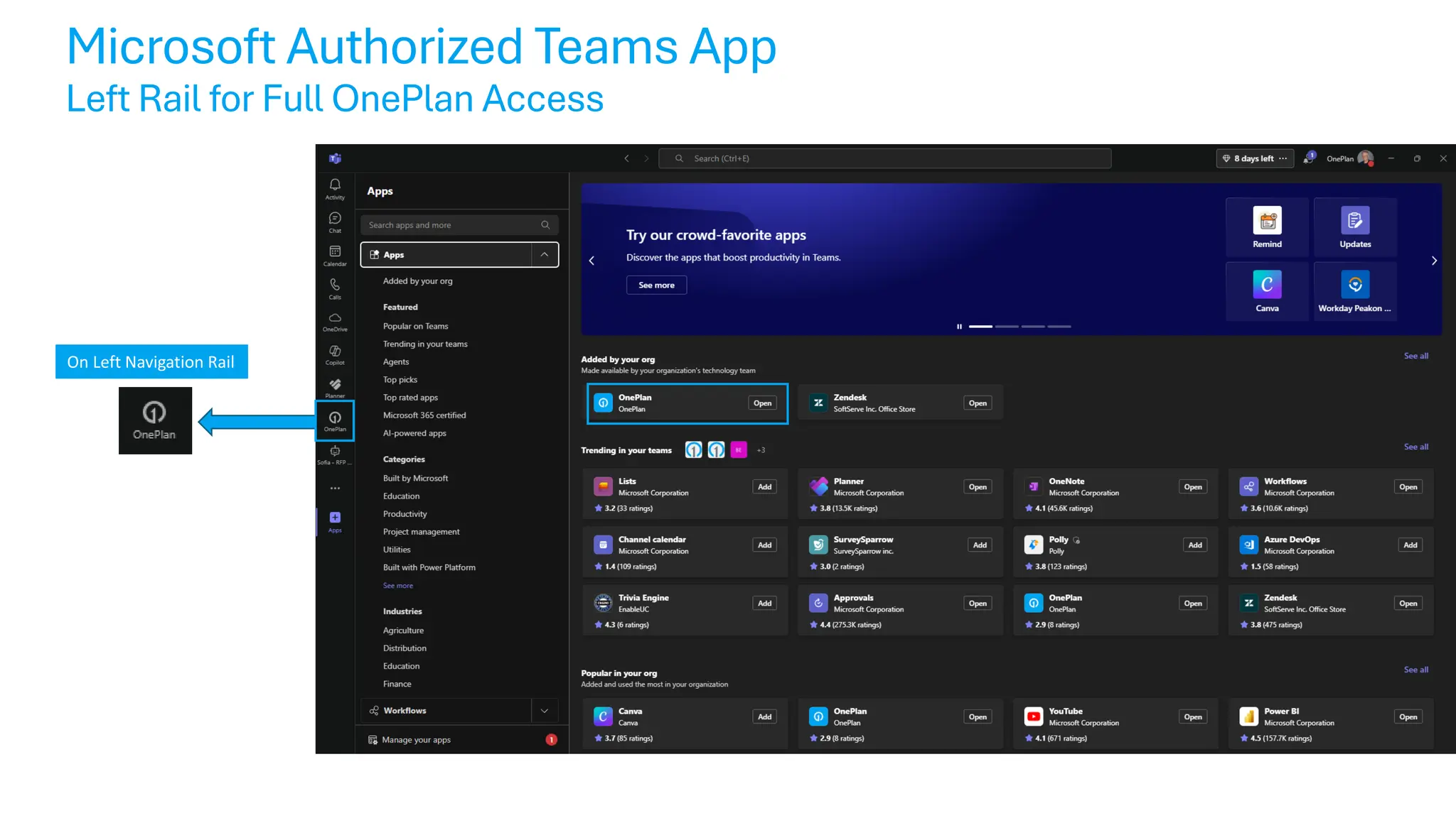 Microsoft Authorized Teams App
Left Rail for Full OnePlan Access
On Left Navigation Rail
 