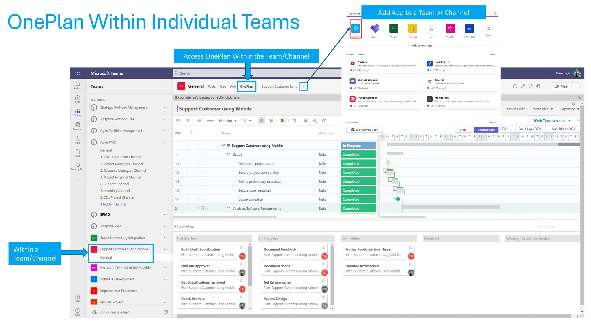 OnePlan Within Individual Teams
Access OnePlan Within the Team/Channel
Within a
Team/Channel
Add App to a Team or Channel
 