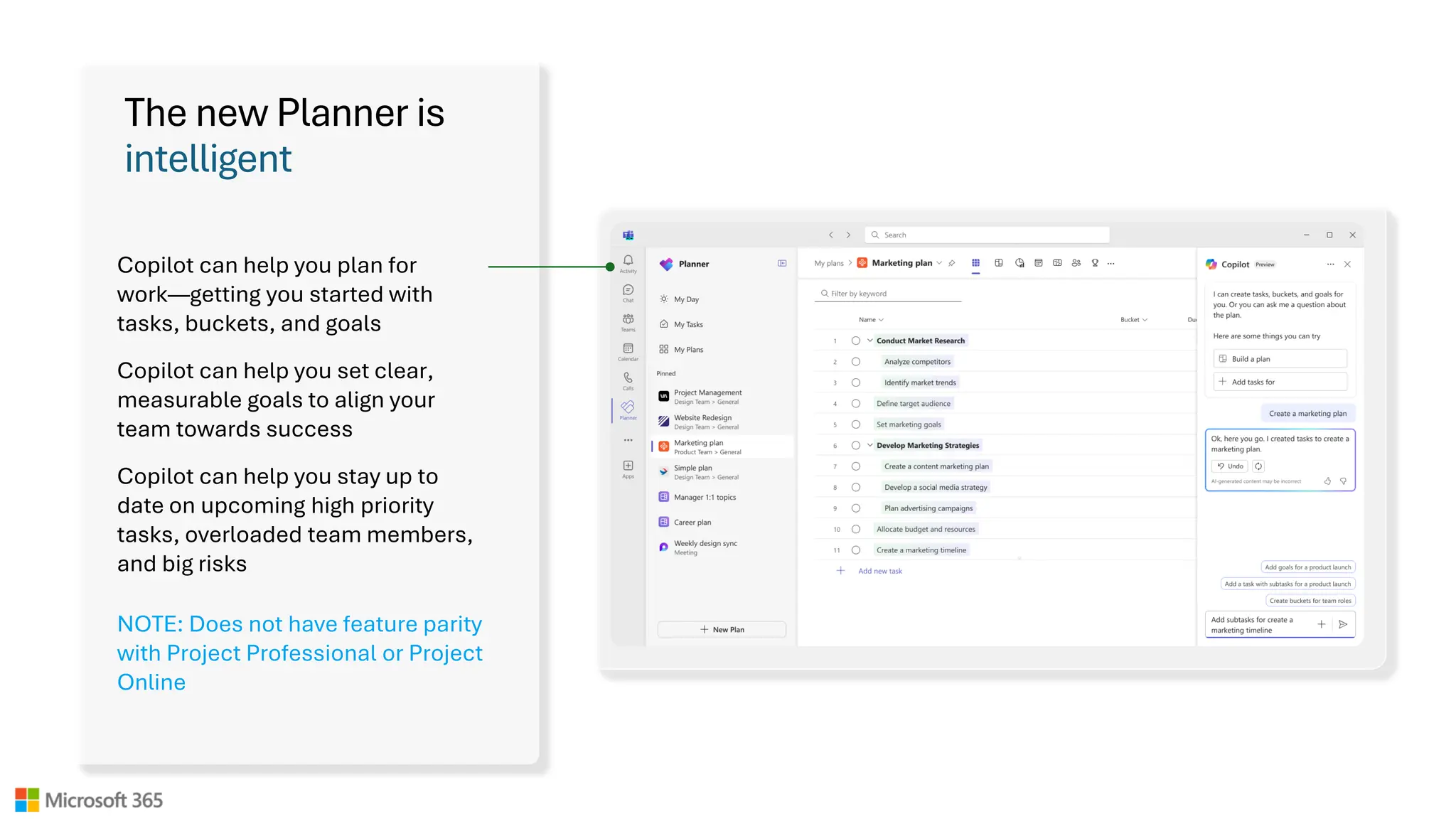 The new Planner is
intelligent
Copilot can help you plan for
work—getting you started with
tasks, buckets, and goals
Copilot can help you set clear,
measurable goals to align your
team towards success
Copilot can help you stay up to
date on upcoming high priority
tasks, overloaded team members,
and big risks
NOTE: Does not have feature parity
with Project Professional or Project
Online
 