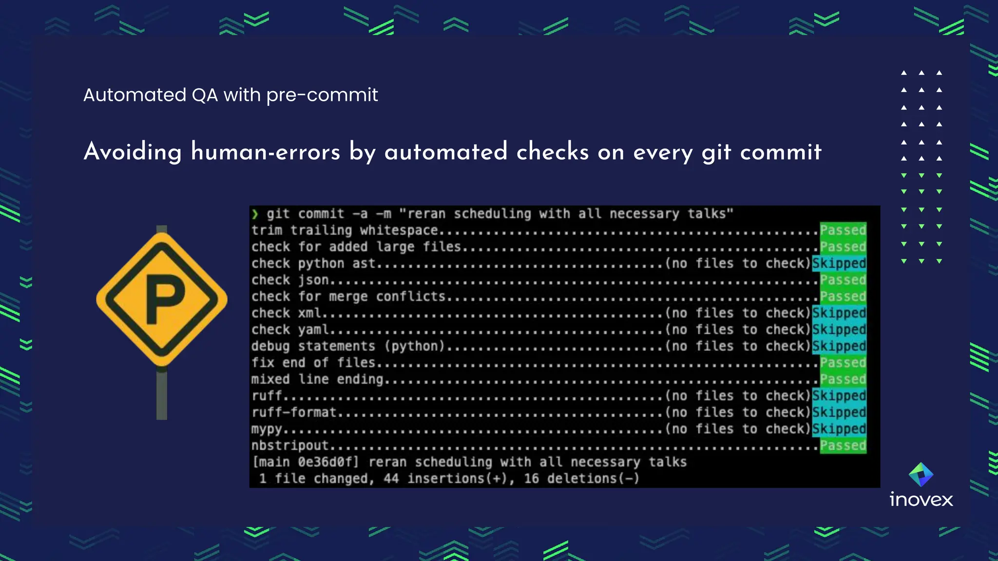 Avoiding human-errors by automated checks on every git commit
Automated QA with pre-commit
 