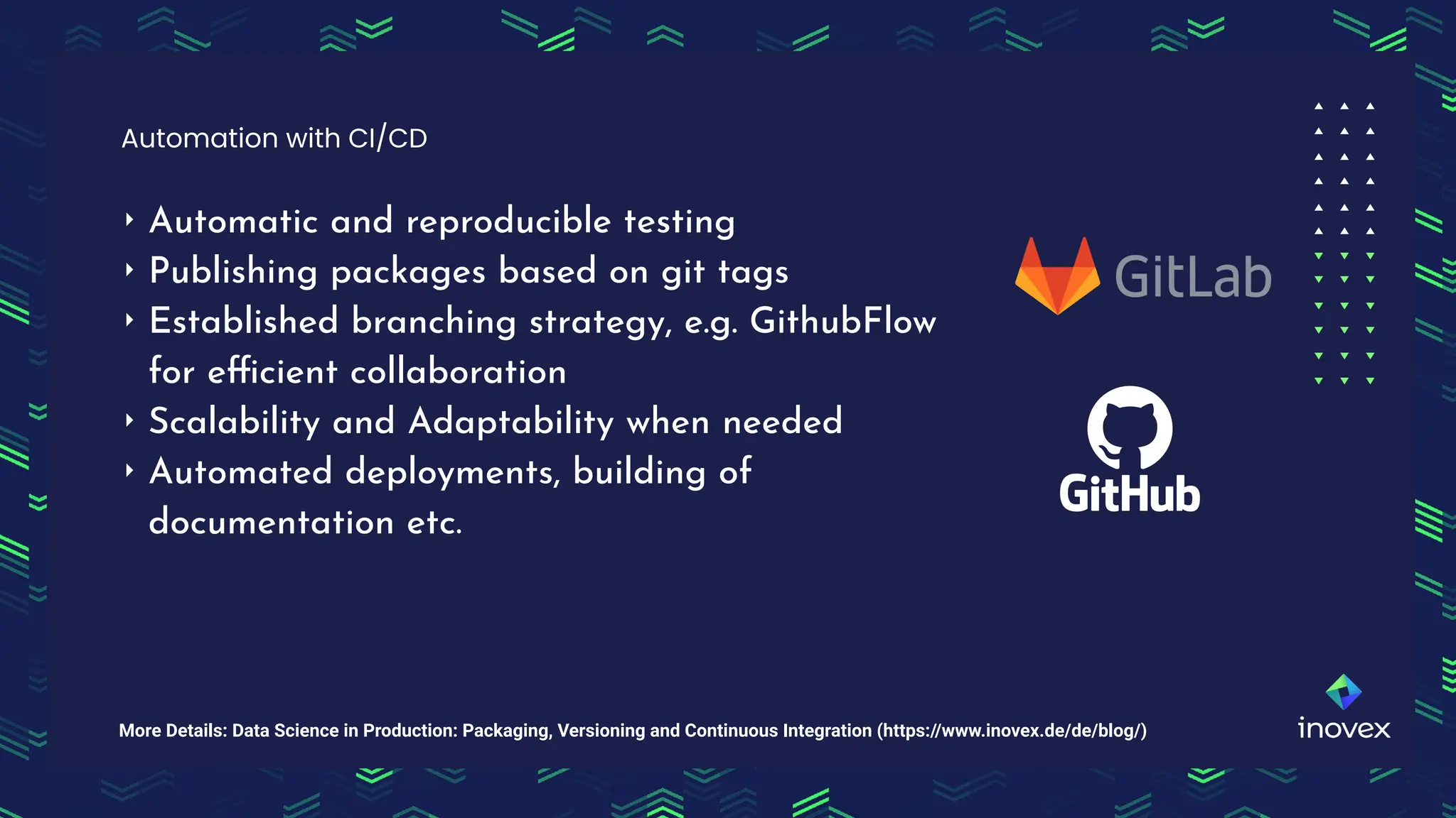 ‣ Automatic and reproducible testing
‣ Publishing packages based on git tags
‣ Established branching strategy, e.g. GithubFlow
for efficient collaboration
‣ Scalability and Adaptability when needed
‣ Automated deployments, building of
documentation etc.
Automation with CI/CD
More Details: Data Science in Production: Packaging, Versioning and Continuous Integration (https://www.inovex.de/de/blog/)
 