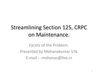Streamlining Section 125, CRPC
      on Maintenance.
        Facets of the Problem.
   Presented by Mohanakumar V.N.
      E-mail -- mohanas@live.in

                                   1
 