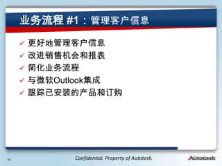 ҵ #1ͻϢ
     ?   õعͻϢ
     ?   Ľۻͱ
     ?   ҵ
     ?   ΢Outlook
     ?   ѰװĲͶ




10             Confidential. Property of Autotask.
 