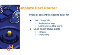 Template Part Router
Types of content we need to cater for
● Loop has posts
○ Single post or page
○ Listing (archive, blog, search)
● Loop doesn’t have posts
○ 404 page
○ Empty listing
 