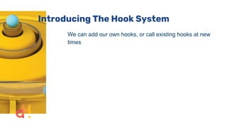 Introducing The Hook System
We can add our own hooks, or call existing hooks at new
times
 