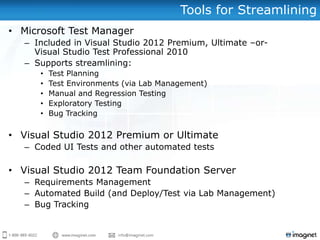 Tools for Streamlining
• Microsoft Test Manager
   – Included in Visual Studio 2012 Premium, Ultimate –or-
     Visual Studio Test Professional 2010
   – Supports streamlining:
      •   Test Planning
      •   Test Environments (via Lab Management)
      •   Manual and Regression Testing
      •   Exploratory Testing
      •   Bug Tracking

• Visual Studio 2012 Premium or Ultimate
   – Coded UI Tests and other automated tests

• Visual Studio 2012 Team Foundation Server
   – Requirements Management
   – Automated Build (and Deploy/Test via Lab Management)
   – Bug Tracking
 