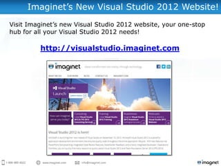 Imaginet’s New Visual Studio 2012 Website!
Visit Imaginet’s new Visual Studio 2012 website, your one-stop
hub for all your Visual Studio 2012 needs!

         http://visualstudio.imaginet.com
 