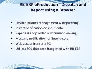 RB-ERP eProduction - Dispatch and
           Report using a Browser

•   Flexible priority management & dispatching
•   Instant verification on input data
•   Paperless shop order & document viewing
•   Message notification for Supervisors
•   Web access from any PC
•   Utilizes SQL database integrated with RB-ERP



                                                   35
 
