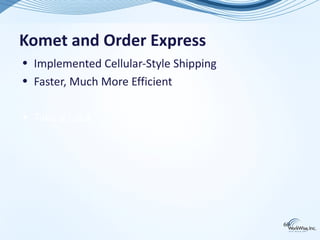 Komet and Order Express
• Implemented Cellular-Style Shipping
• Faster, Much More Efficient

• Take a Look




                                        60
 