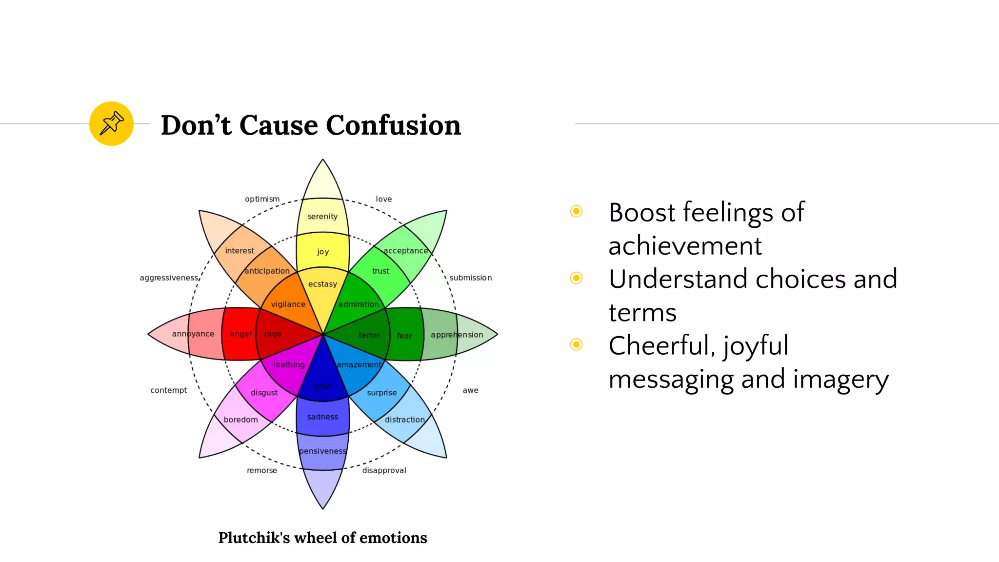 Don’t Cause Confusion
◉ Boost feelings of
achievement
◉ Understand choices and
terms
◉ Cheerful, joyful
messaging and imagery
Plutchik's wheel of emotions
 