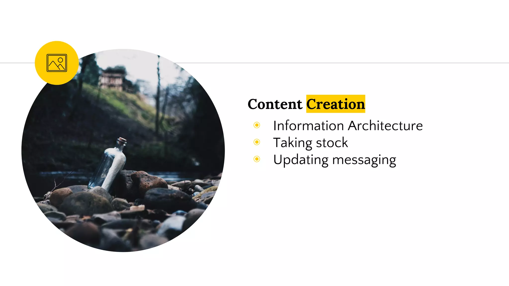 Content Creation
◉ Information Architecture
◉ Taking stock
◉ Updating messaging
 