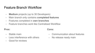 Feature Branch Workflow
- Medium projects (up to 30 Developers)
- Main branch only contains completed features
- Features completed in own branches
- Feature branches work like Centralised Workflow
Pros:
- Stable main
- Less interference with others
- Good for reviews
Cons:
- Communication about features
- No release ready main
 