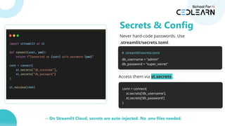 Never hard-code passwords. Use
.streamlit/secrets.toml.
# .streamlit/secrets.toml
db_username = "admin"
db_password = "super_secret"
Access them via st.secrets .
conn = connect(
st.secrets['db_username'],
st.secrets['db_password']
)
→ On Streamlit Cloud, secrets are auto-injected. No .env files needed.
Secrets & Config
 