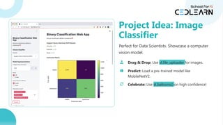 Perfect for Data Scientists. Showcase a computer
vision model.
Drag & Drop: Use st.file_uploader for images.
Predict: Load a pre-trained model like
MobileNetV2.
Celebrate: Use st.balloons() on high confidence!
Project Idea: Image
Classifier
 