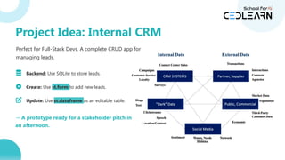 Perfect for Full-Stack Devs. A complete CRUD app for
managing leads.
Backend: Use SQLite to store leads.
Create: Use st.form to add new leads.
Update: Use st.dataframe as an editable table.
→ A prototype ready for a stakeholder pitch in
an afternoon.
Project Idea: Internal CRM
 