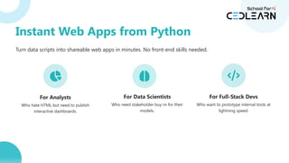 Instant Web Apps from Python
Turn data scripts into shareable web apps in minutes. No front-end skills needed.
For Analysts
Who hate HTML but need to publish
interactive dashboards.
For Data Scientists
Who need stakeholder buy-in for their
models.
For Full-Stack Devs
Who want to prototype internal tools at
lightning speed.
 