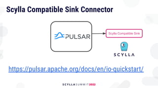 Scylla Compatible Sink Connector
https://pulsar.apache.org/docs/en/io-quickstart/
Scylla Compatible Sink
 