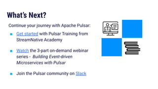 What’s Next?
Continue your journey with Apache Pulsar:
■ Get started with Pulsar Training from
StreamNative Academy
■ Watch the 3-part on-demand webinar
series - Building Event-driven
Microservices with Pulsar
■ Join the Pulsar community on Slack
 